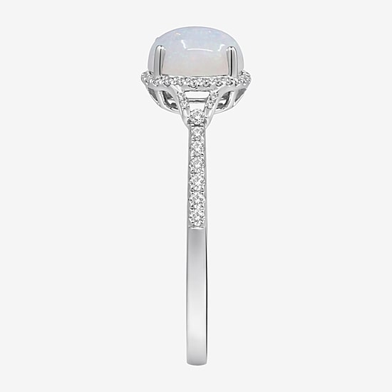 Limited Quantities! Womens 1/4 CT. T.W. Genuine White Opal 10K Gold Oval Halo Side Stone Cocktail Ring