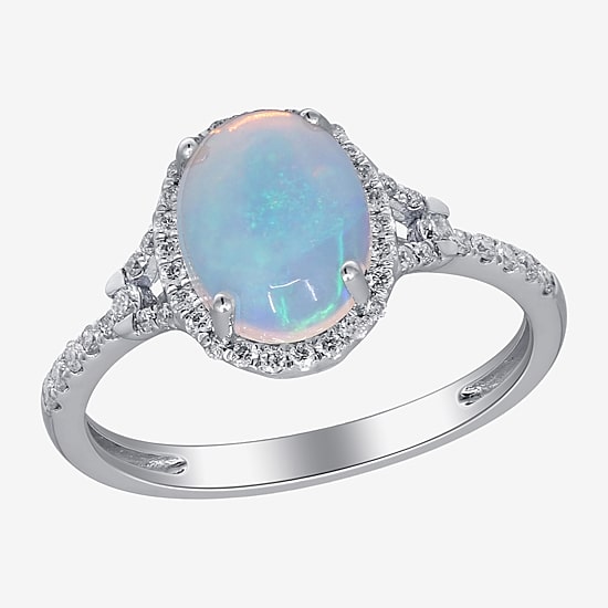 Limited Quantities! Womens 1/4 CT. T.W. Genuine White Opal 10K Gold Oval Halo Side Stone Cocktail Ring