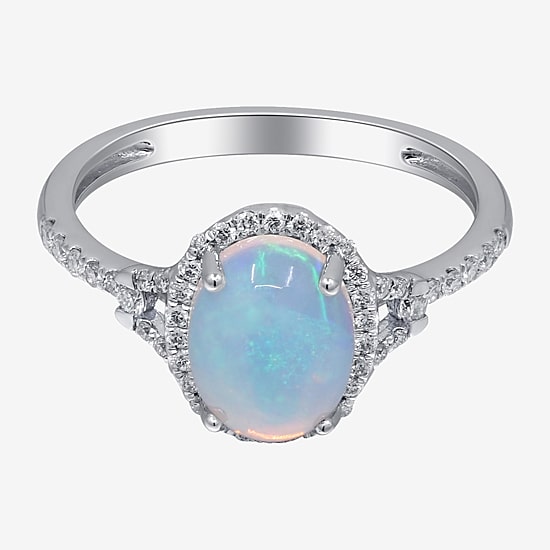 Limited Quantities! Womens 1/4 CT. T.W. Genuine White Opal 10K Gold Oval Halo Side Stone Cocktail Ring
