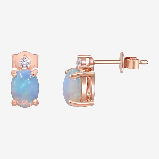Limited Quantities! Diamond Accent Genuine White Opal 10K Rose Gold 9mm Oval Stud Earrings