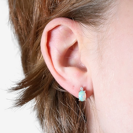 Limited Quantities! Diamond Accent Genuine White Opal 10K Rose Gold 9mm Oval Stud Earrings