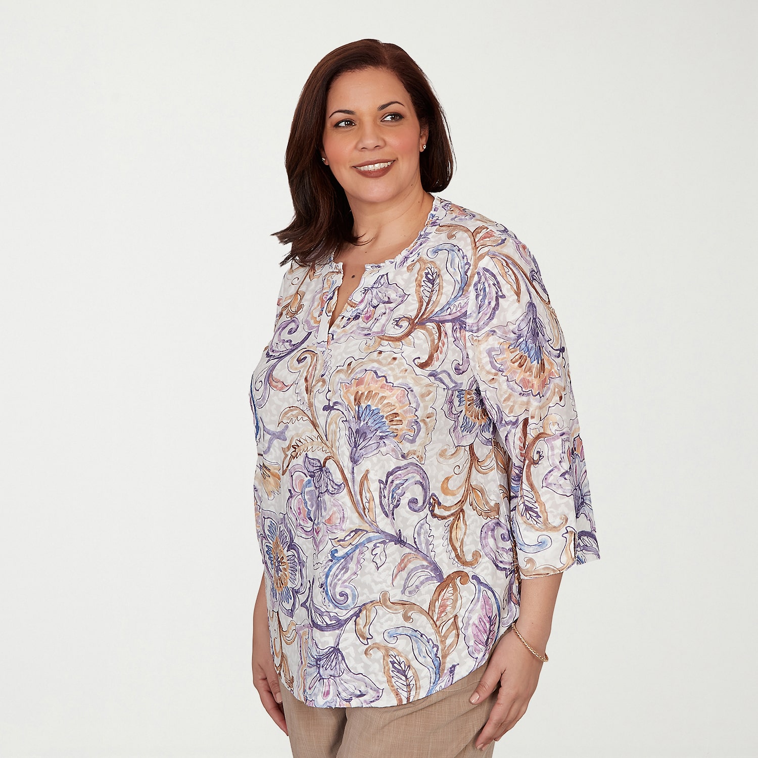 Alfred Dunner Grand Bazaar Womens Plus Split Crew Neck 3/4 Sleeve T-Shirt