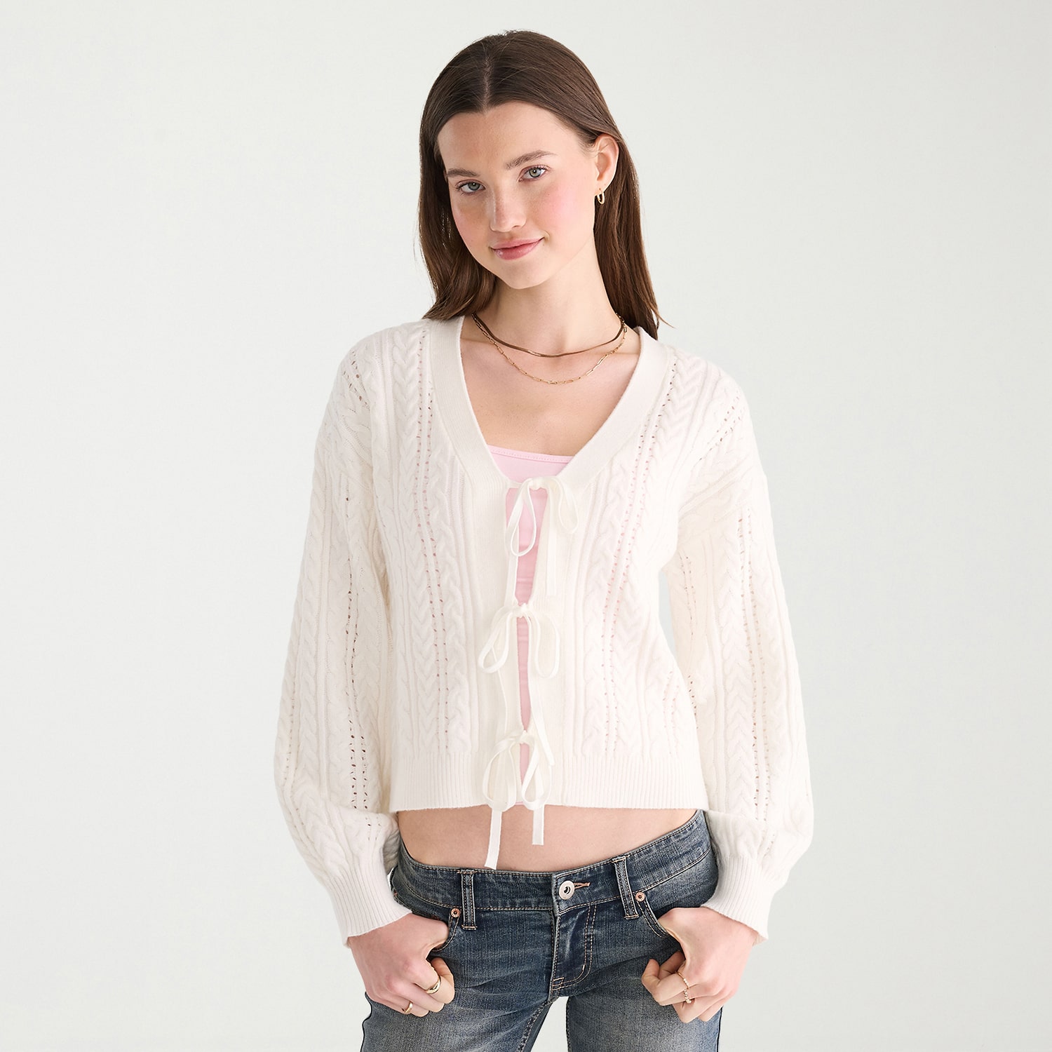 AEROPOSTALE Womens V Neck Long Sleeve Tie Juniors Cardigan