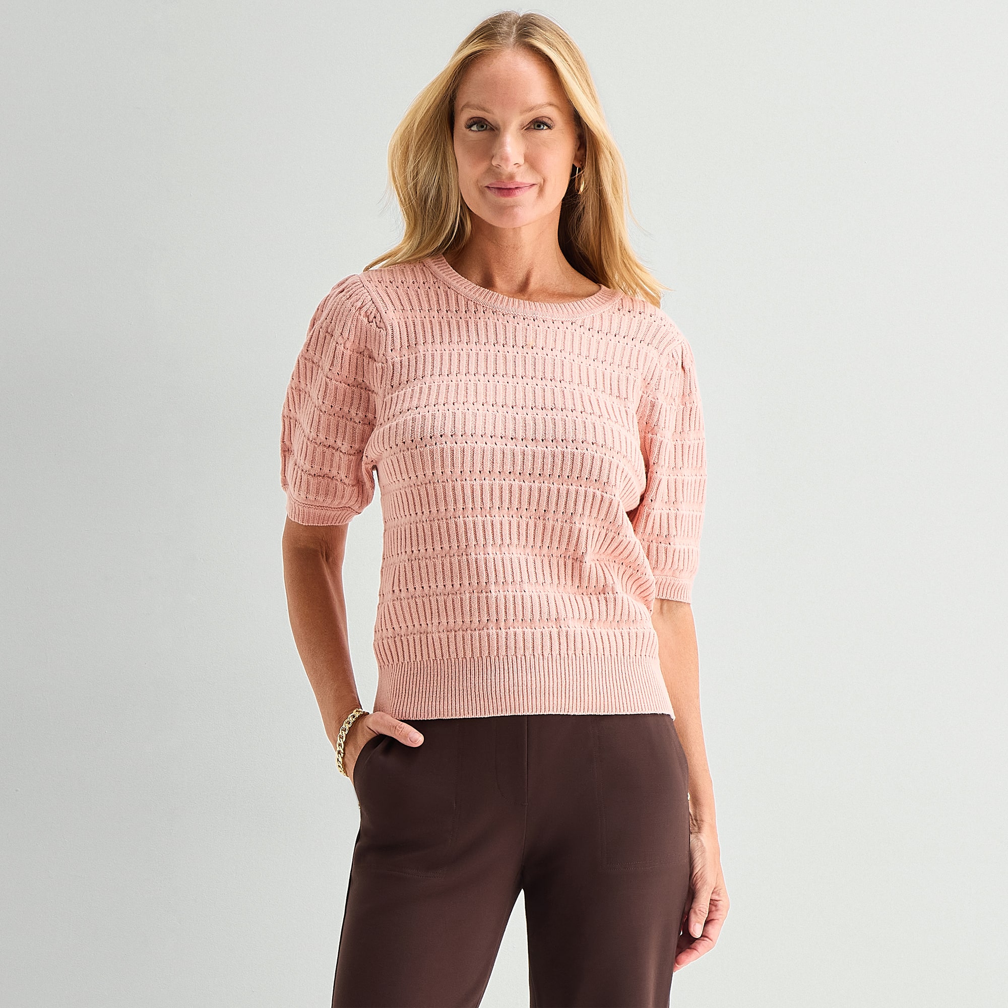 Liz Claiborne Womens Round Neck Short Sleeve Pullover Sweater