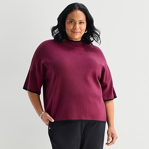 Liz Claiborne Plus Womens Mock Neck Short Sleeve Pullover Sweater In Red