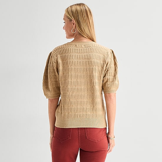 Liz Claiborne Womens Round Neck Short Sleeve Pullover Sweater