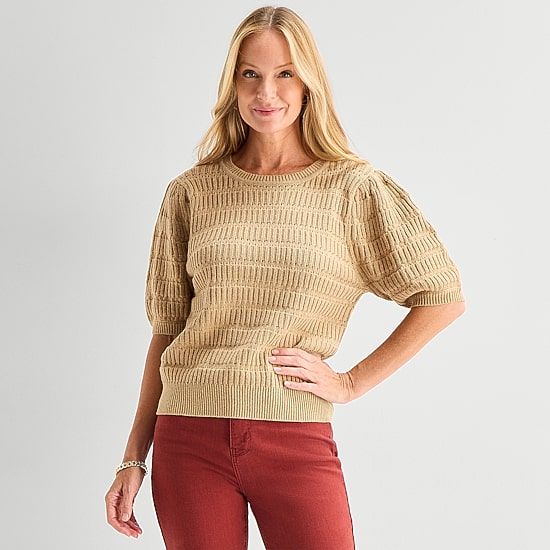 Liz Claiborne Womens Round Neck Short Sleeve Pullover Sweater