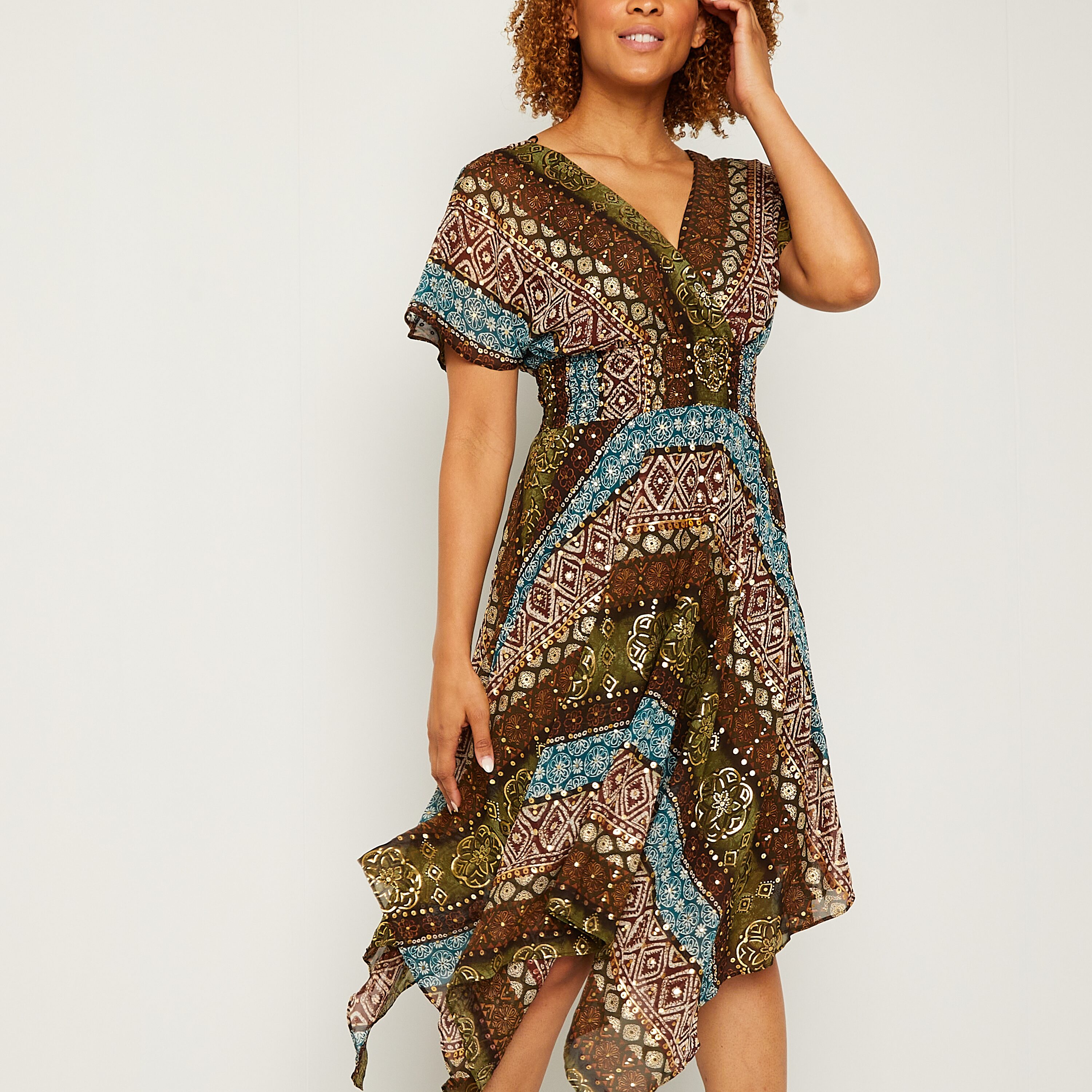 Rabbit Design Womens V Neck Short Sleeve Abstract Fit + Flare Dress