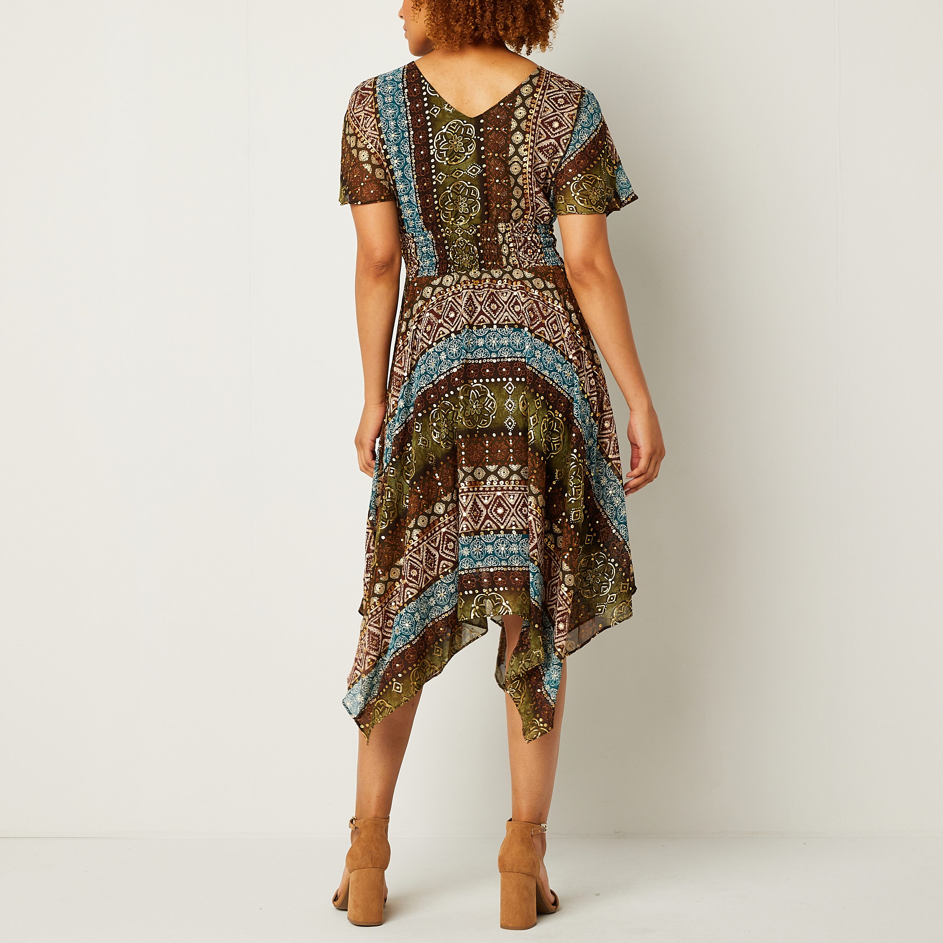 Rabbit Design Womens V Neck Short Sleeve Abstract Fit + Flare Dress