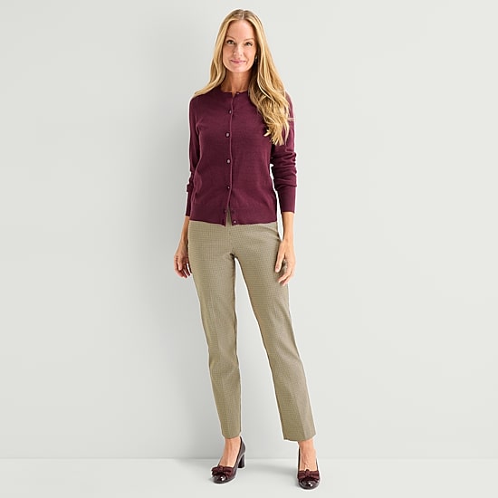 Liz Claiborne Luxe Womens Crew Neck Long Sleeve Button Open Front Cardigan