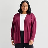 Liz Claiborne Womens Boat Neck Long Sleeve Open Front Plus Cardigan