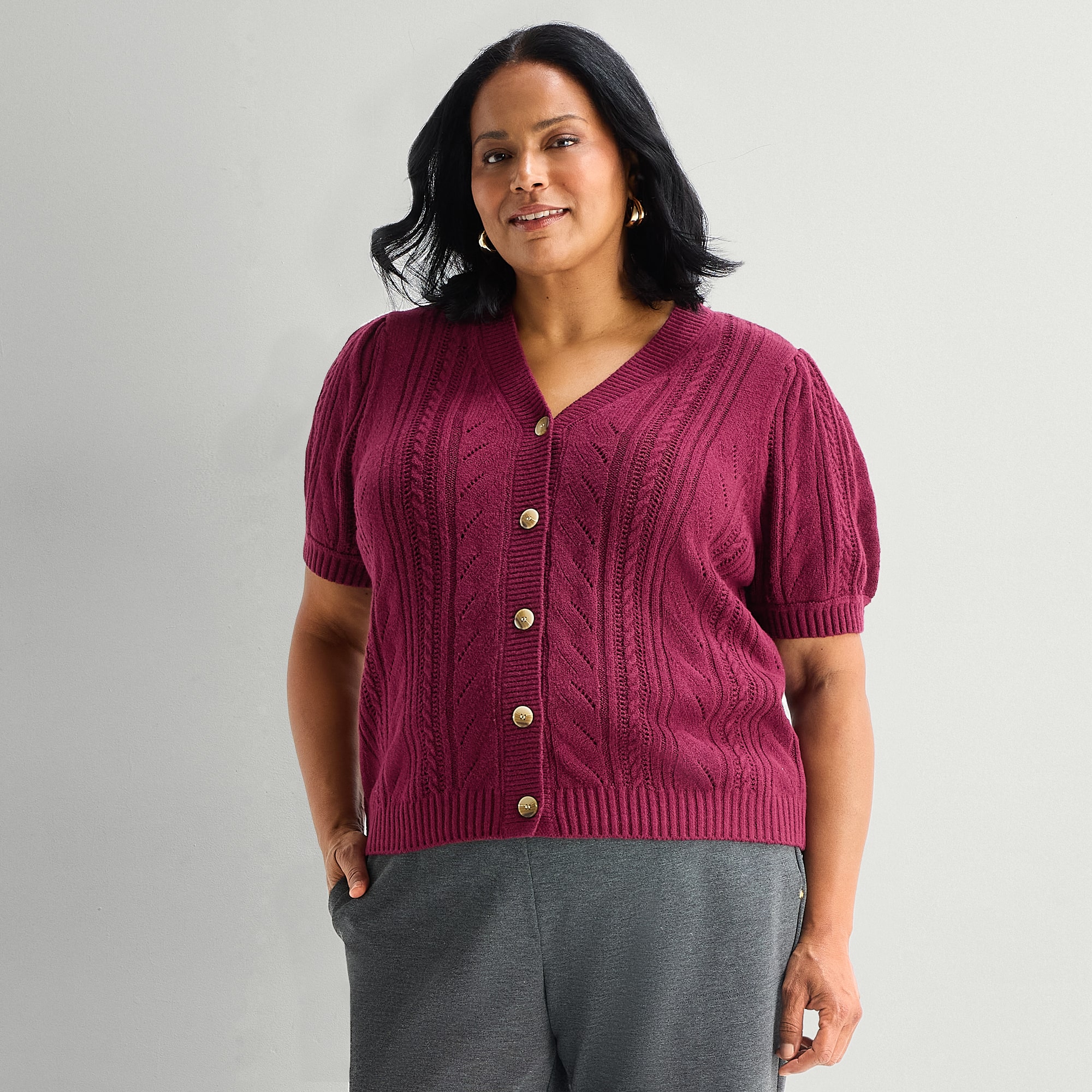 Liz Claiborne Womens V Neck Short Sleeve Button Plus Cardigan