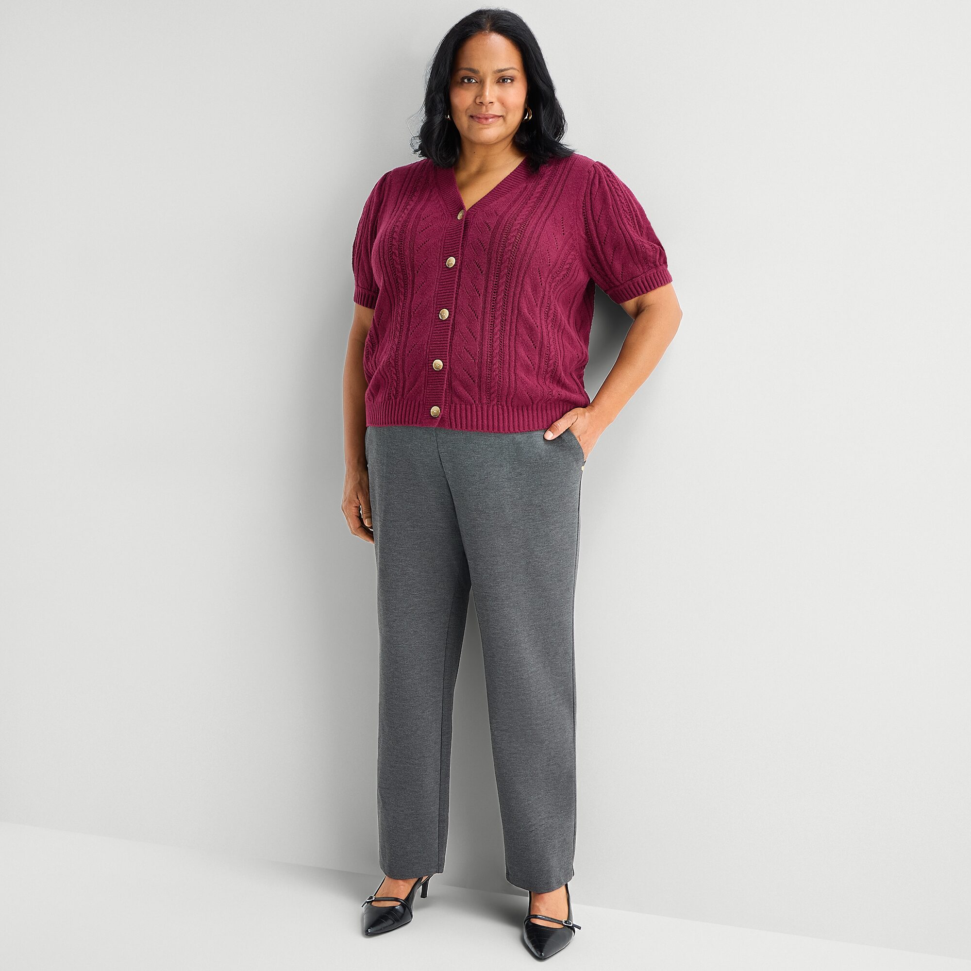 Liz Claiborne Womens V Neck Short Sleeve Button Plus Cardigan