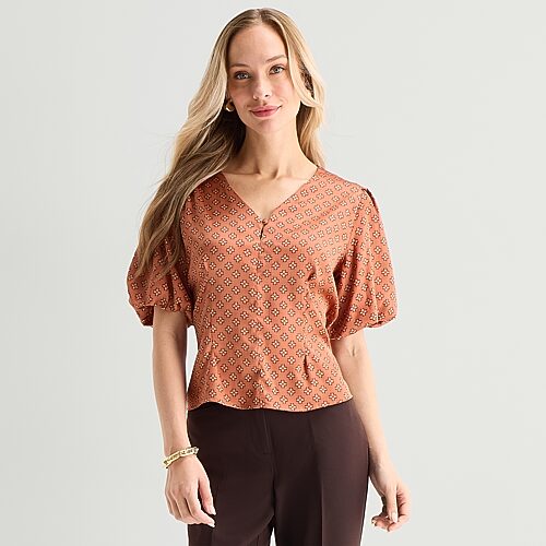 Liz Claiborne Womens V Neck Short Sleeve Blouse In Brown