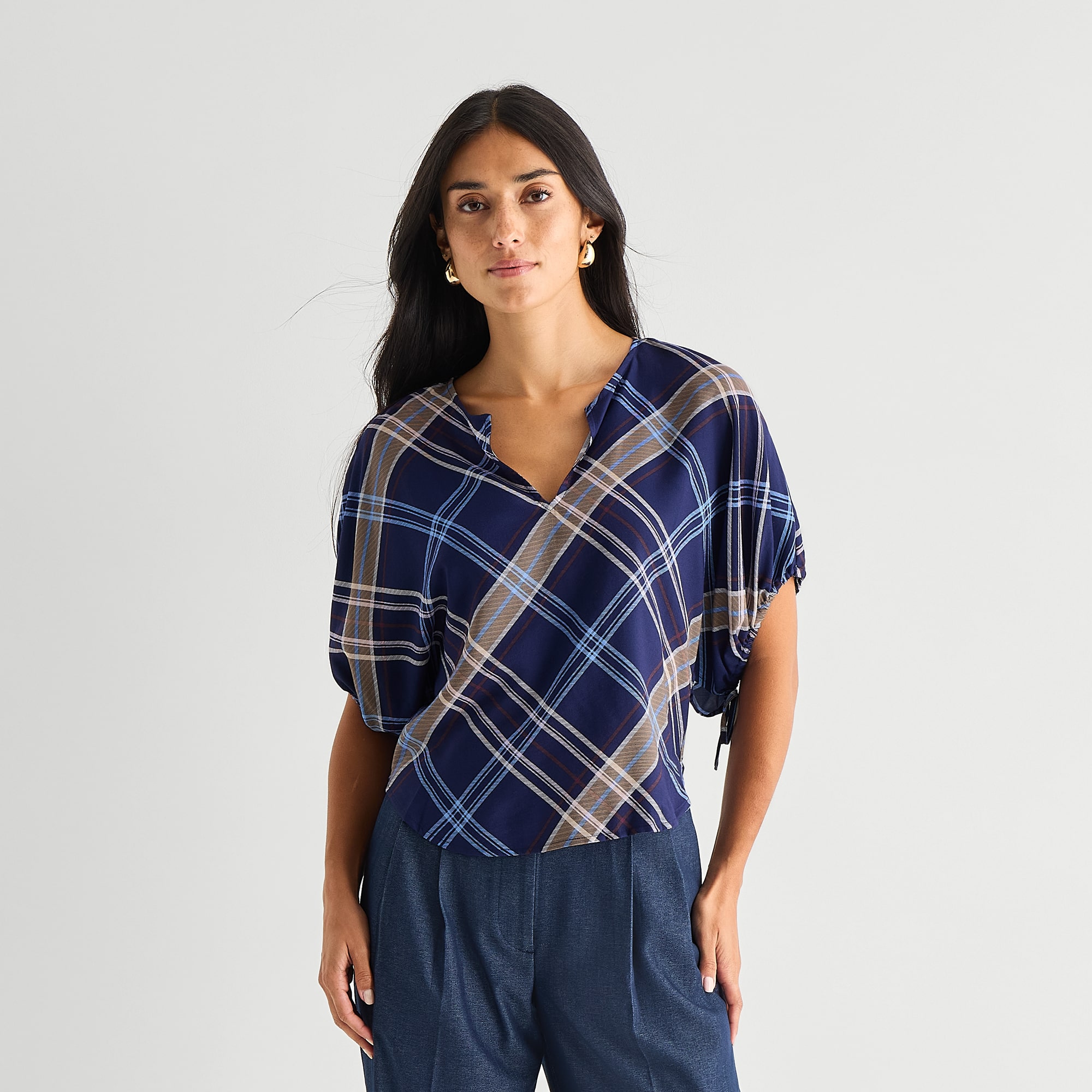 Worthington Womens Split Crew Neck Short Sleeve Blouse