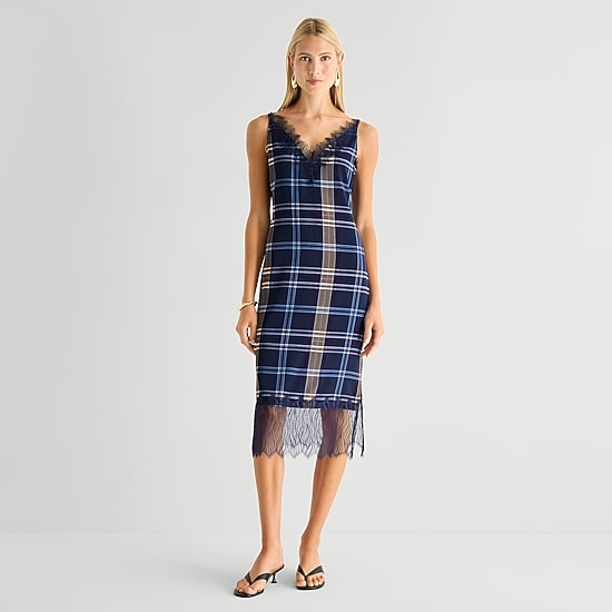 plaid slip dress Vince Women's Lace-Trim This Plaid Lace Trim Slip Dress combines the classic print of plaid with a delicate lace trim for a unique and stylish look Worthington Womens Sleeveless Plaid Slip