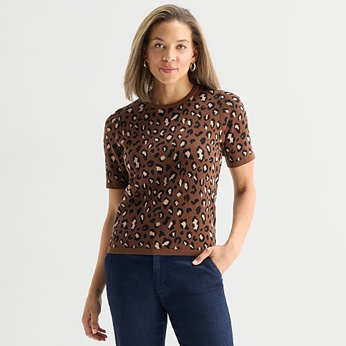 Liz Claiborne Womens Crew Neck Short Sleeve Pullover Sweater In Brown