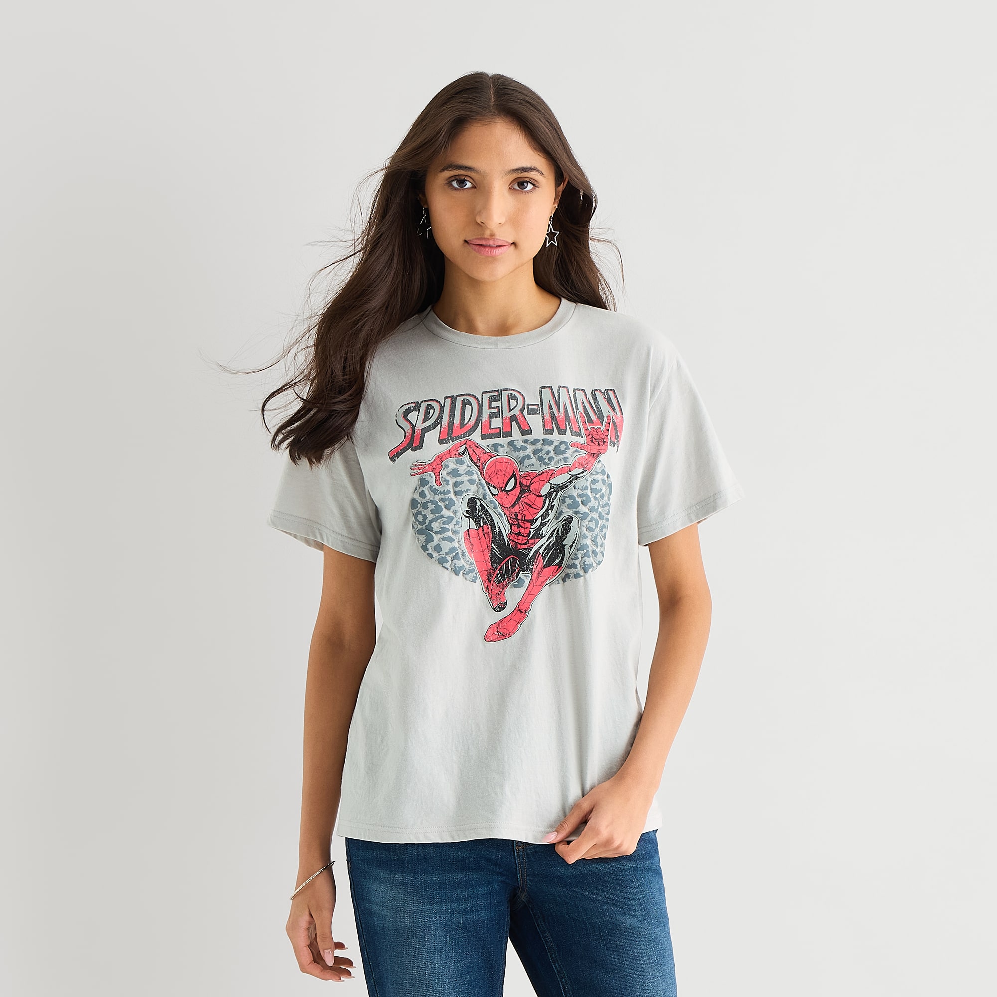 Spider Man Boyfriend Tee Womens Juniors Crew Neck Short Sleeve Loose Fit Spiderman Graphic T-Shirt