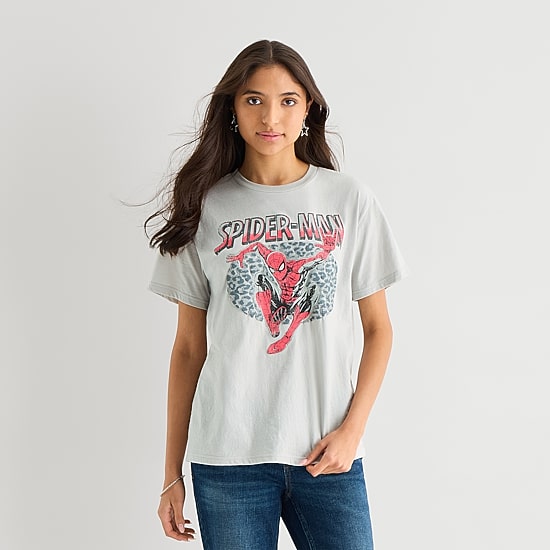 Spider Man Boyfriend Tee Womens Juniors Crew Neck Short Sleeve Loose Fit Spiderman Graphic T-Shirt