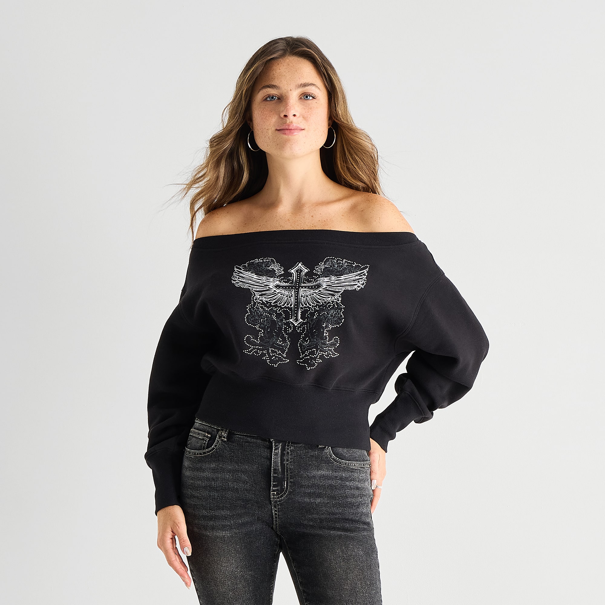 Forever 21 Womens Juniors Asymmetrical Neck Long Sleeve Sweatshirt