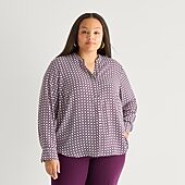 Worthington Womens Plus Henley Neck Long Sleeve Blouse