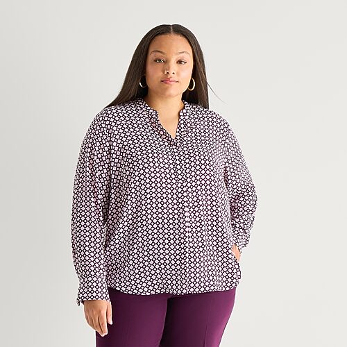 Worthington Womens Plus Henley Neck Long Sleeve Blouse In Pink
