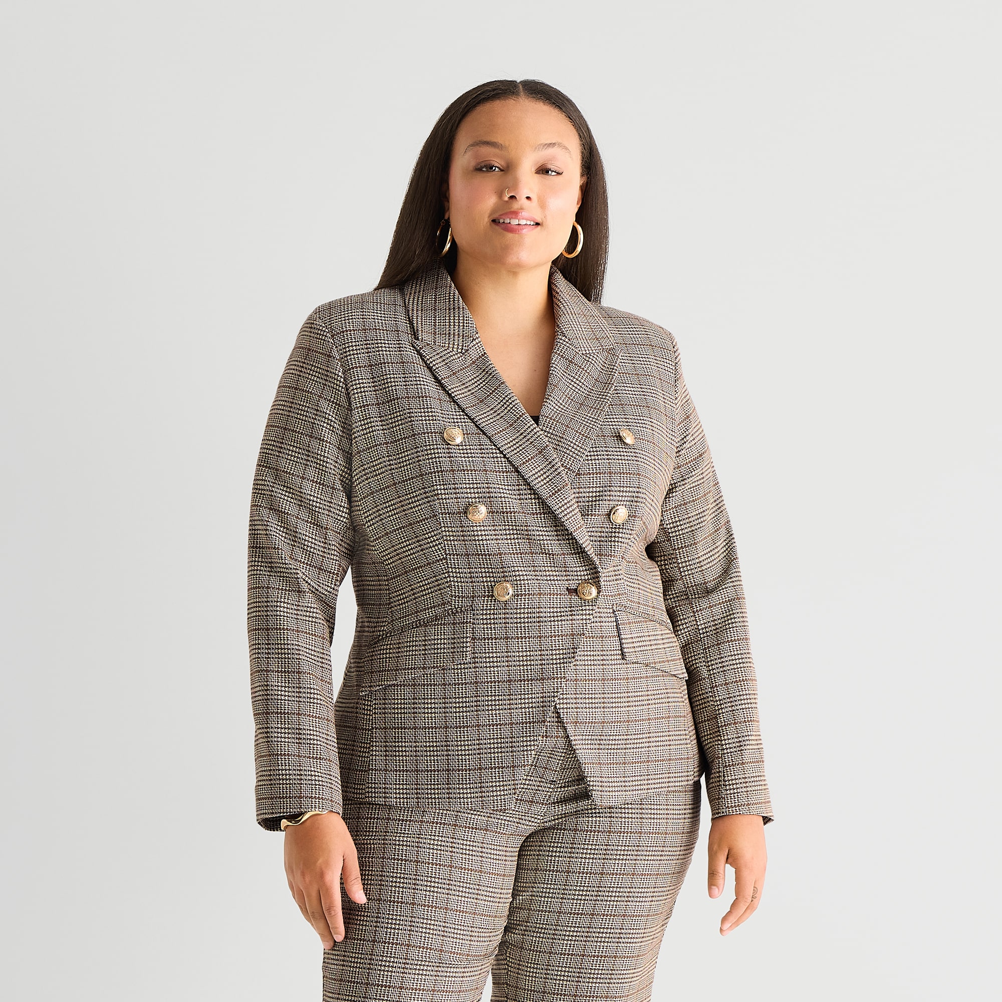 Worthington Womens Plus Double Breasted Plaid Regular Fit Blazer
