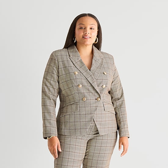 Worthington Womens Plus Double Breasted Plaid Regular Fit Blazer
