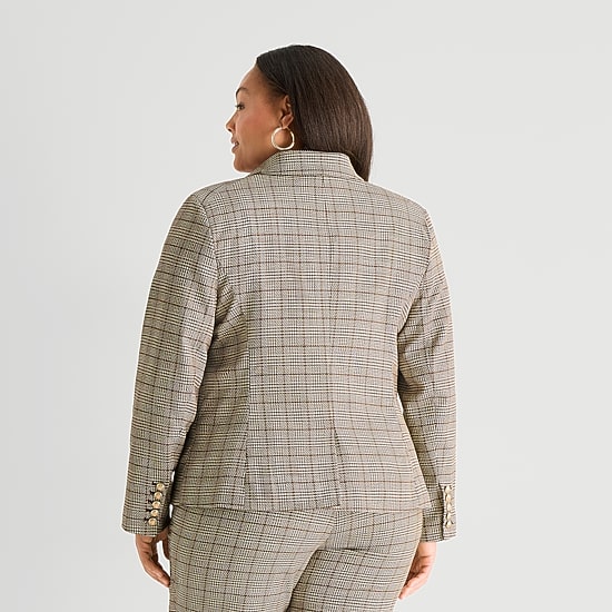 Worthington Womens Plus Double Breasted Plaid Regular Fit Blazer