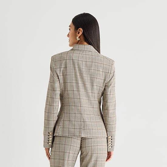 Worthington Womens Double Breasted Plaid Regular Fit Blazer