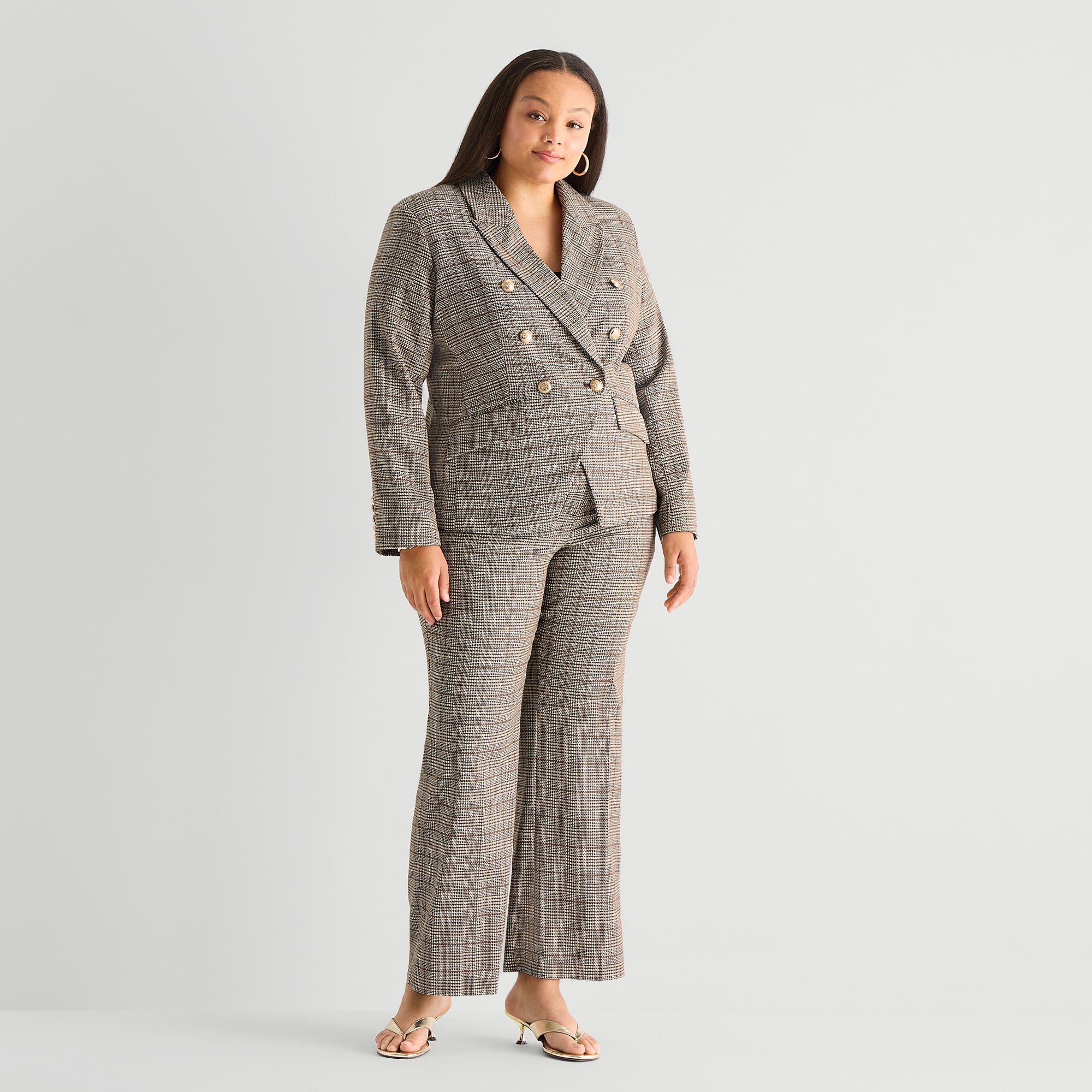 Worthington Womens Plus Double Breasted Plaid Regular Fit Blazer