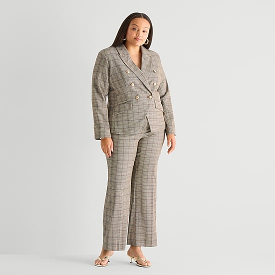 Worthington Womens Plus Double Breasted Plaid Regular Fit Blazer