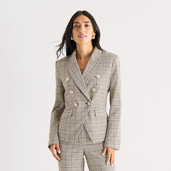 Worthington Womens Double Breasted Plaid Regular Fit Blazer