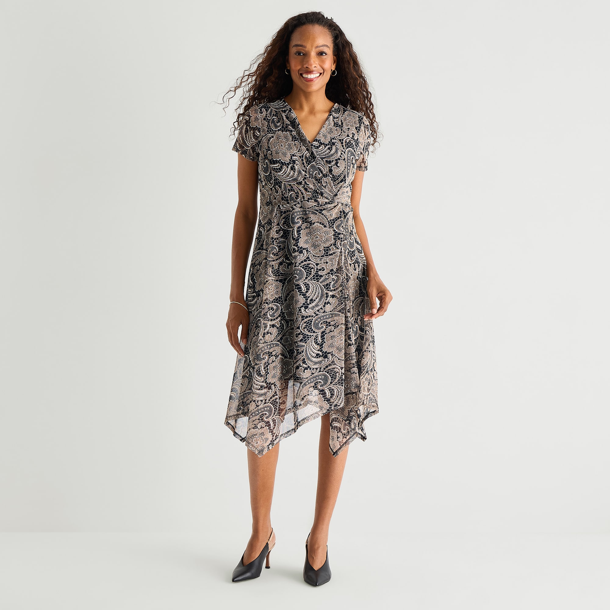Perceptions Womens Midi V Neck Short Sleeve Floral Fit + Flare Dress