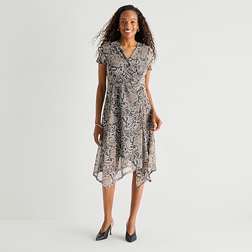 Perceptions Womens Midi V Neck Short Sleeve Floral Fit + Flare Dress In Brown