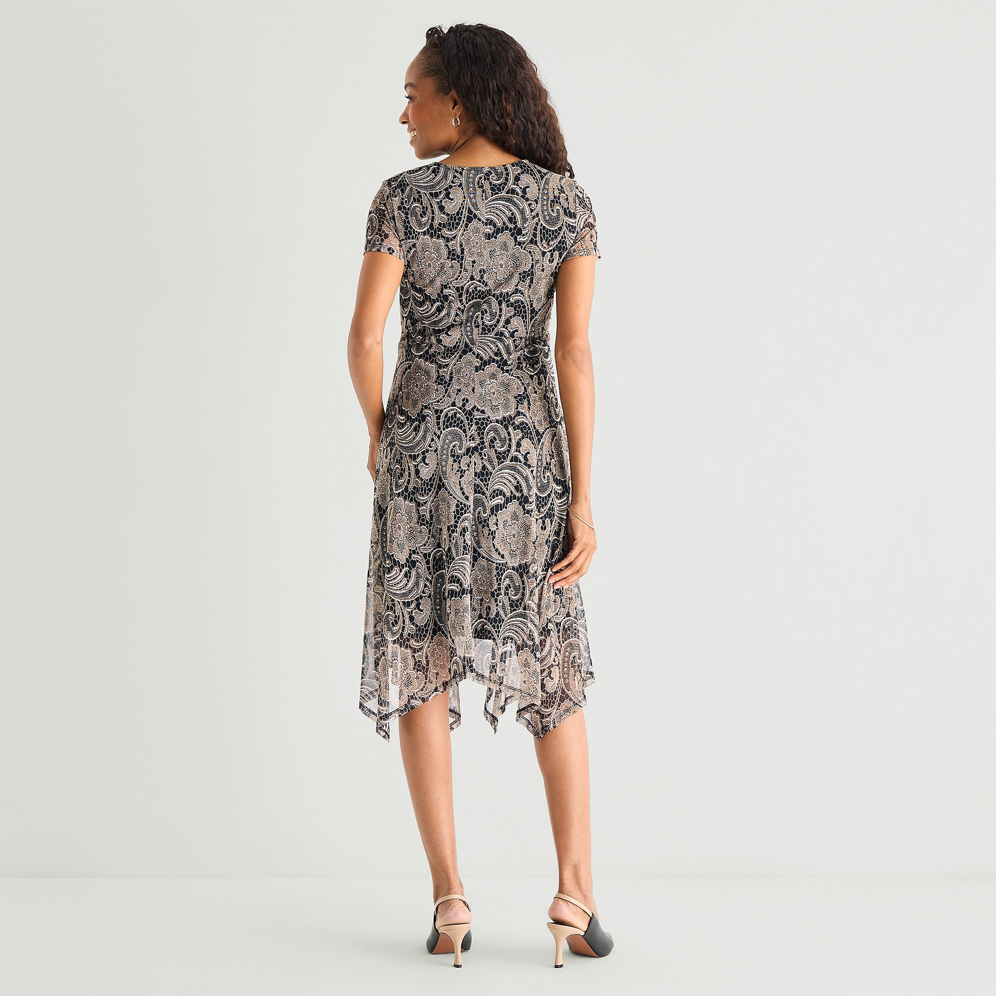 Perceptions Womens Midi V Neck Short Sleeve Floral Fit + Flare Dress