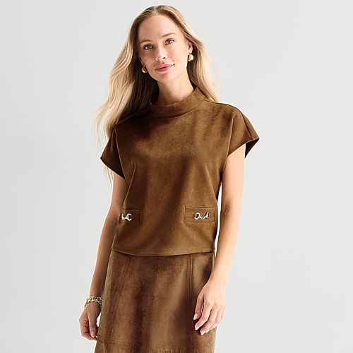 Liz Claiborne Womens Mock Neck Short Sleeve Embellished Blouse In Brown