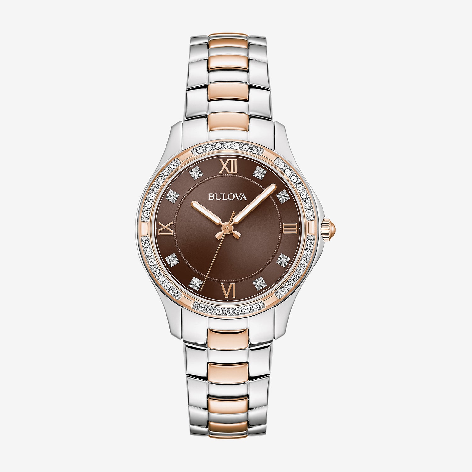 Bulova Misc Crystal Womens Two Tone Stainless Steel Bracelet Watch 98l346