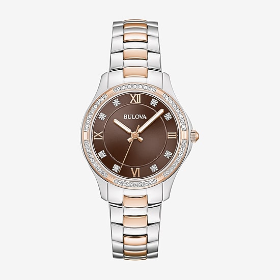 Bulova Misc Crystal Womens Two Tone Stainless Steel Bracelet Watch 98l346