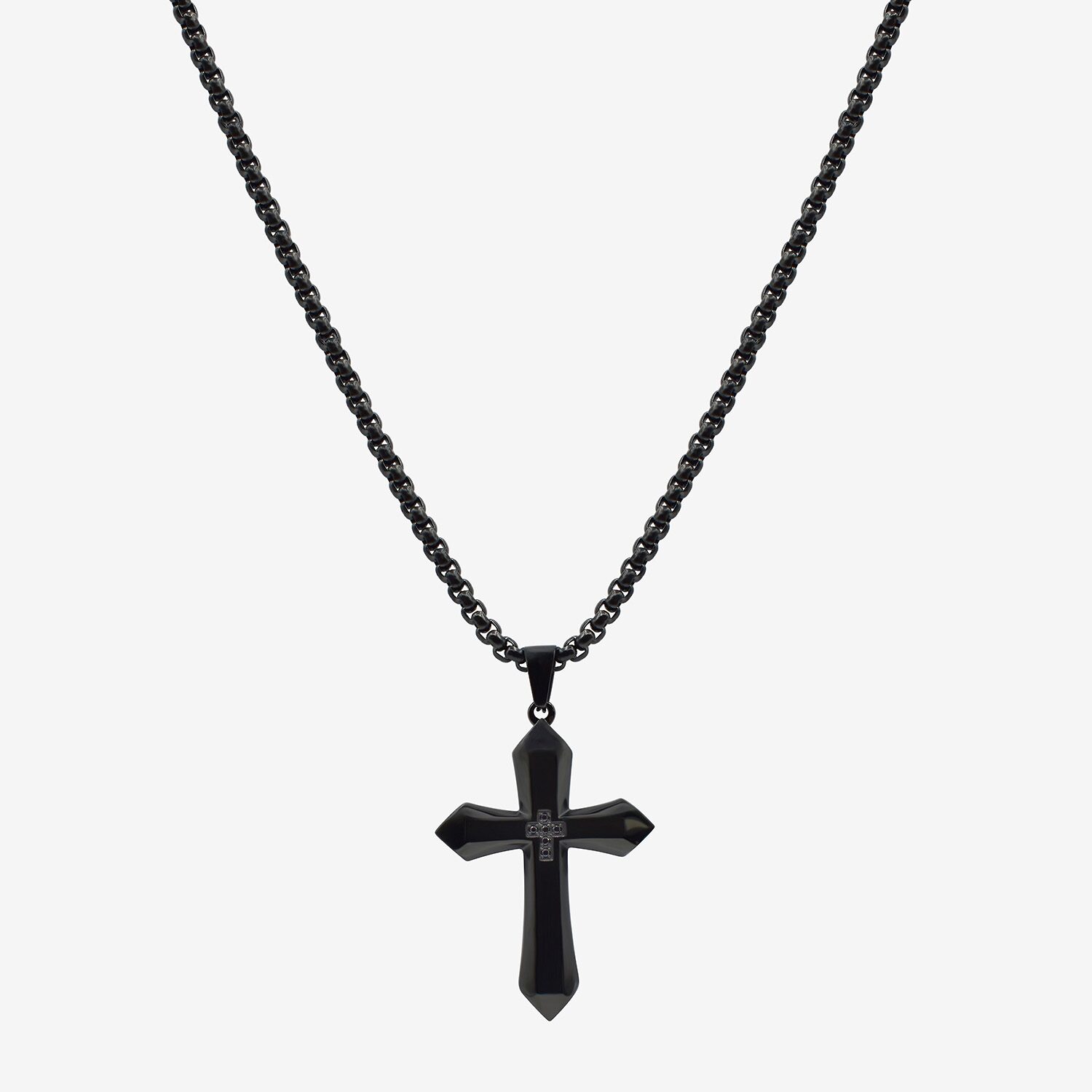 Cross Mens Black Cubic Zirconia Stainless Steel Cross 24 Inch Pendant Necklace