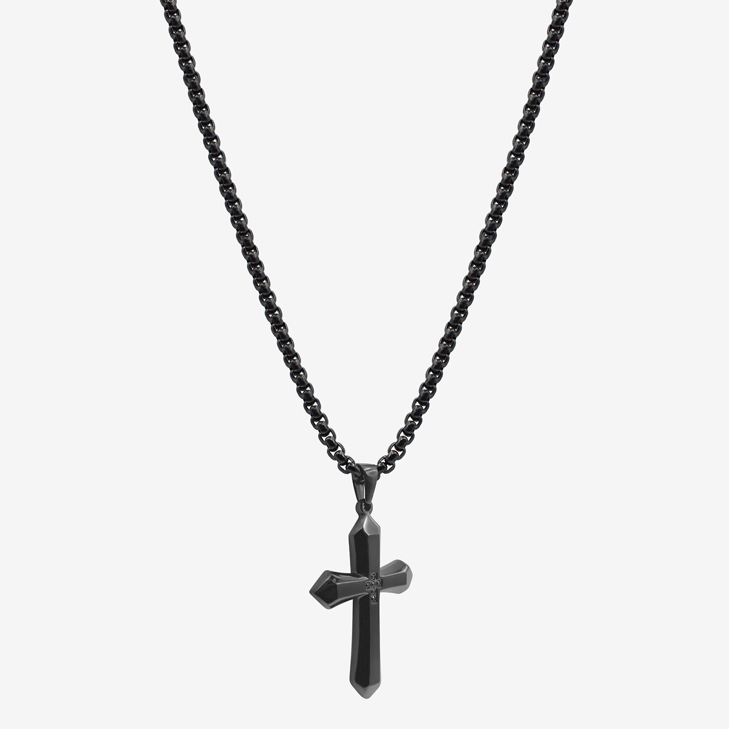 Cross Mens Black Cubic Zirconia Stainless Steel Cross 24 Inch Pendant Necklace