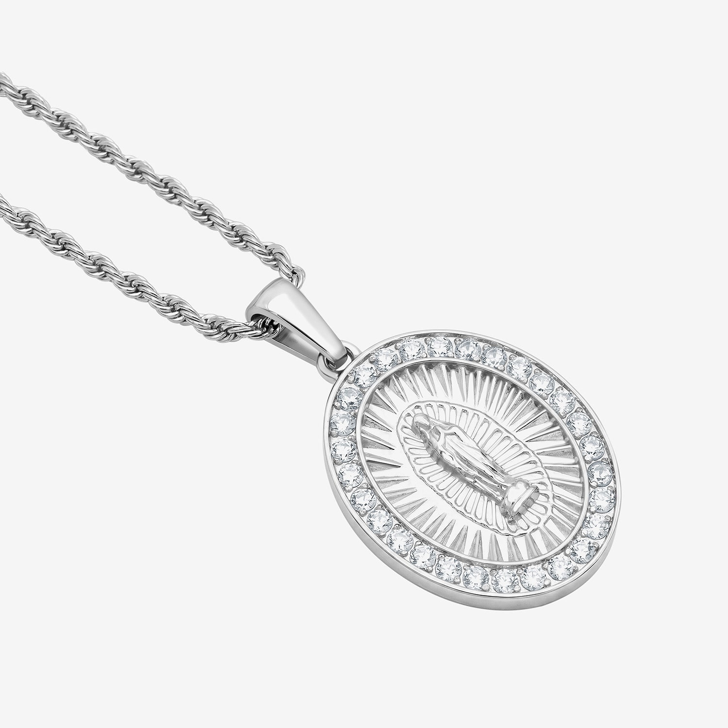 Virgin Mary Mens Cubic Zirconia Stainless Steel 24 Inch Pendant Necklace