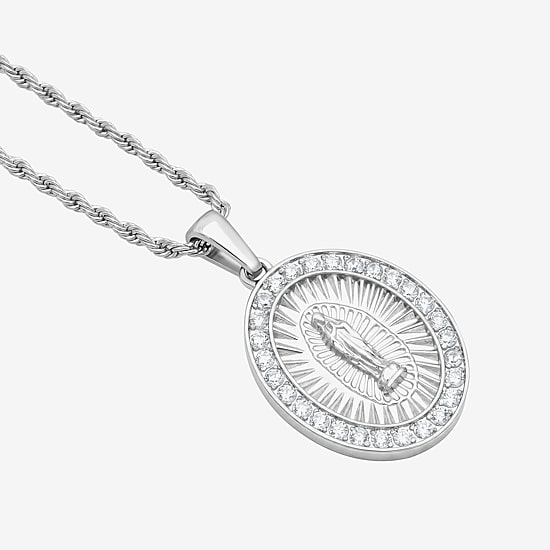 Virgin Mary Mens Cubic Zirconia Stainless Steel 24 Inch Pendant Necklace