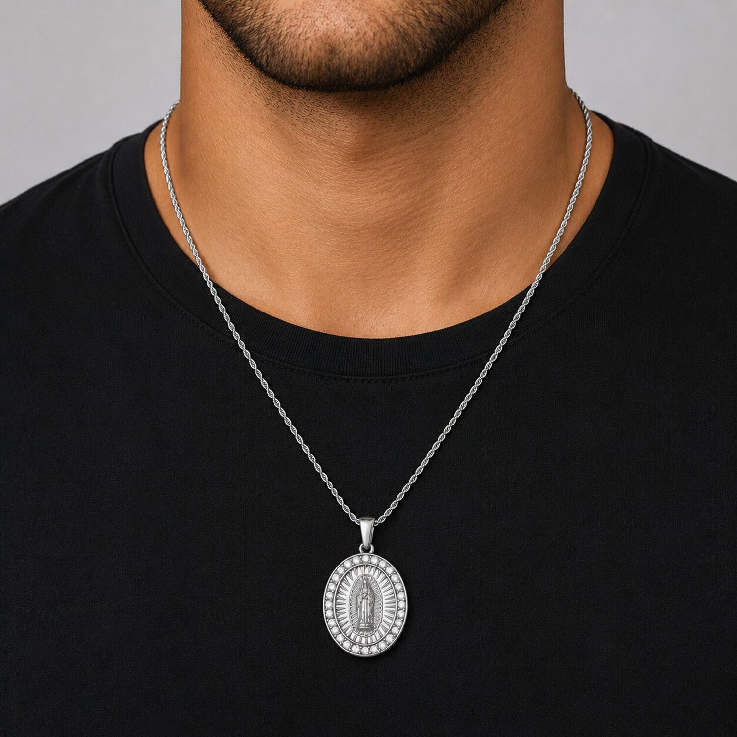 Virgin Mary Mens Cubic Zirconia Stainless Steel 24 Inch Pendant Necklace