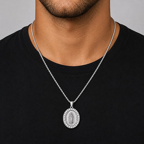 Virgin Mary Mens Cubic Zirconia Stainless Steel 24 Inch Pendant Necklace