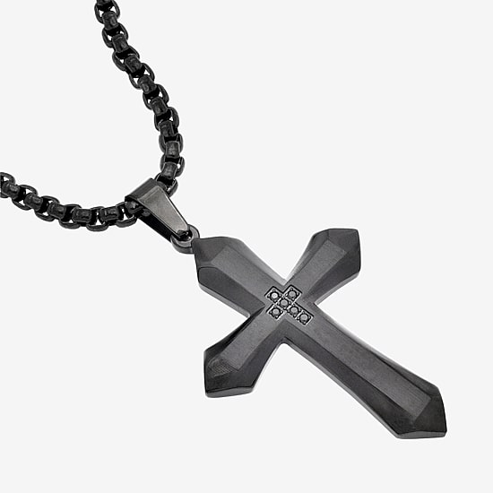 Cross Mens Black Cubic Zirconia Stainless Steel Cross 24 Inch Pendant Necklace