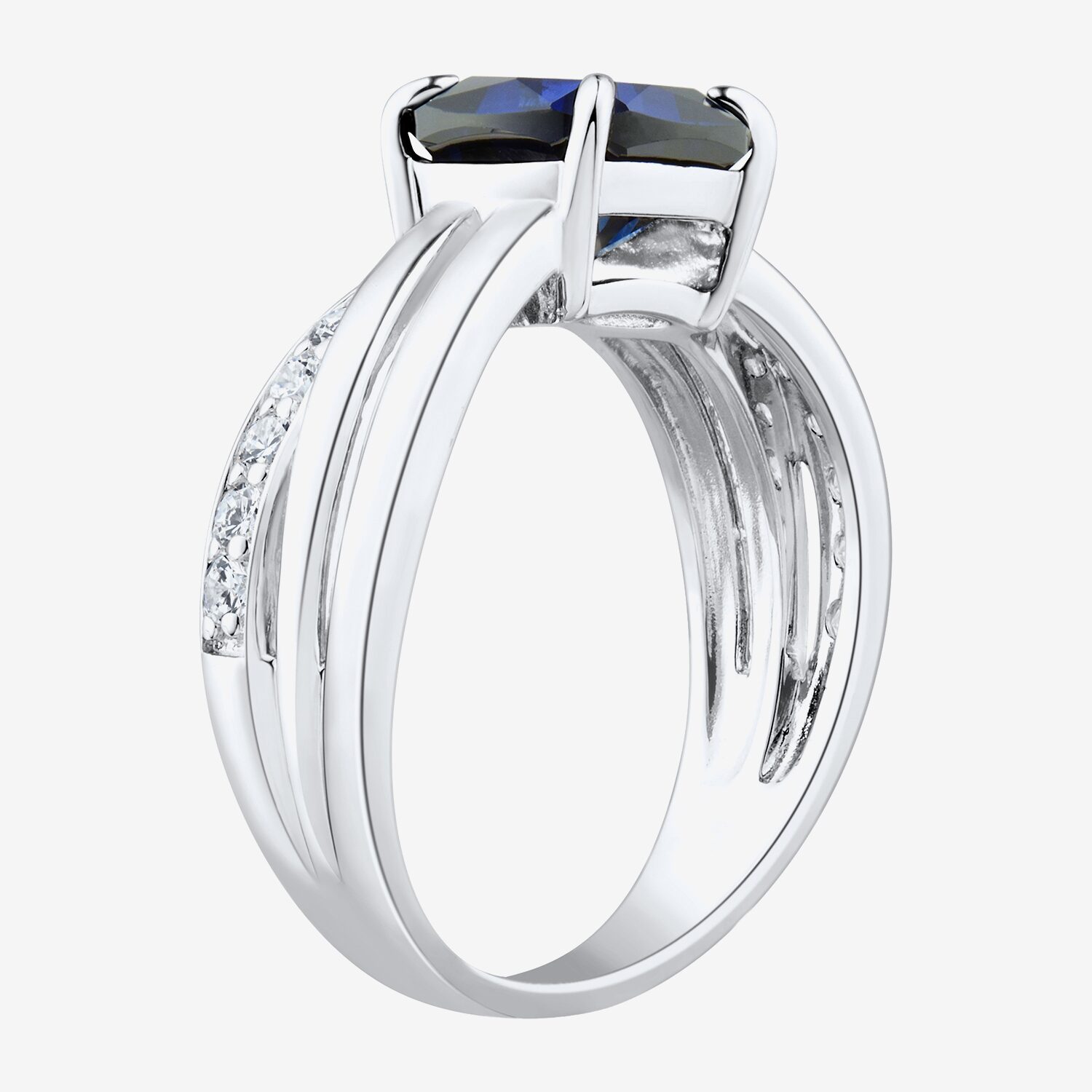 Womens Lab Created Blue Sapphire Sterling Silver Cushion Crossover Side Stone Cocktail Ring