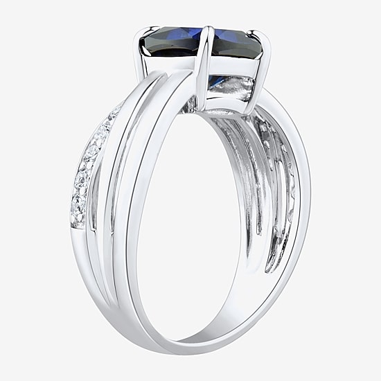 Womens Lab Created Blue Sapphire Sterling Silver Cushion Crossover Side Stone Cocktail Ring