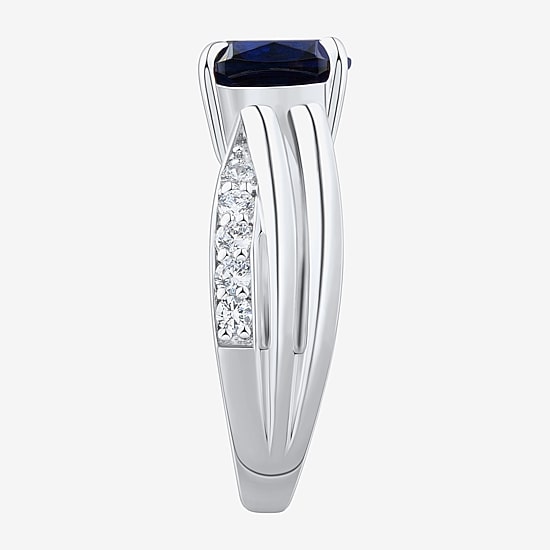 Womens Lab Created Blue Sapphire Sterling Silver Cushion Crossover Side Stone Cocktail Ring