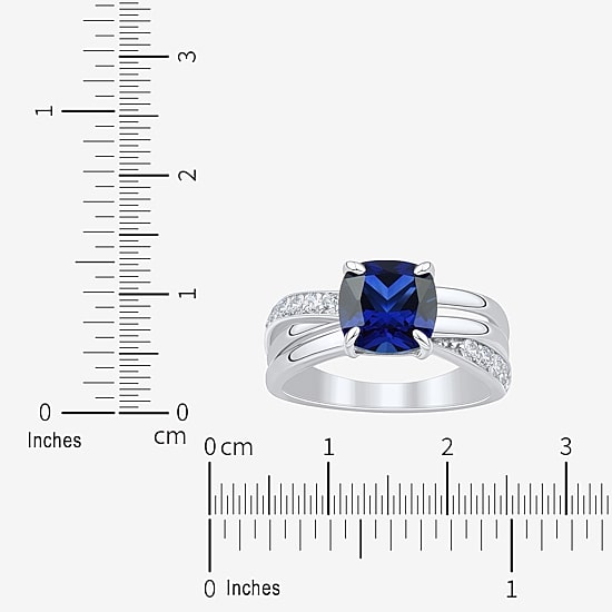 Womens Lab Created Blue Sapphire Sterling Silver Cushion Crossover Side Stone Cocktail Ring